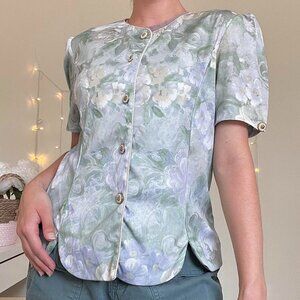 80s vintage pastel floral blouse with shoulder pads and a cute button up front